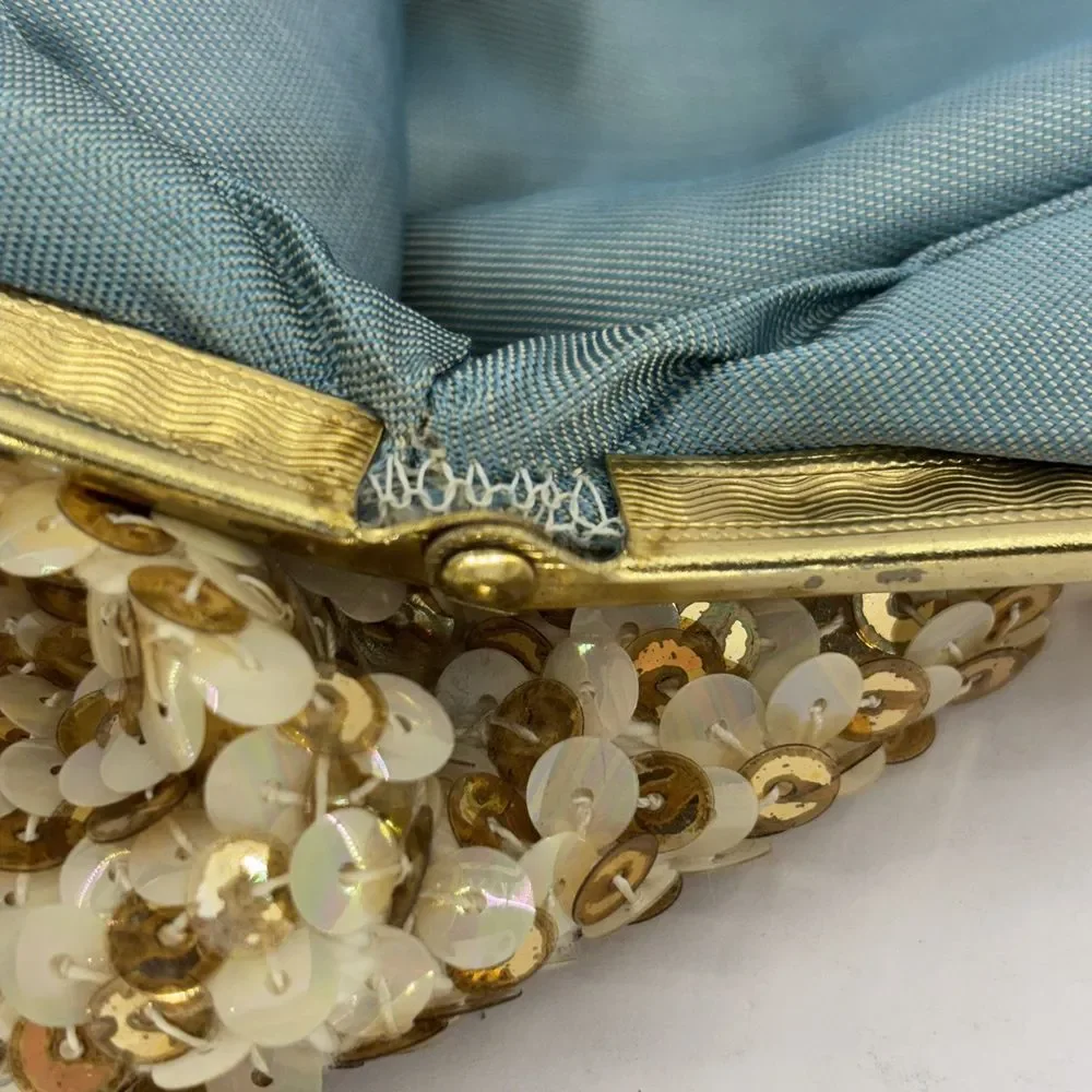 Vintage 1950s Sequin Evening Bag Gold-Iridescent‎ White Metal Frame Purse